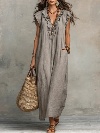 Robe femme unie à volants – Style artistique décontracté en coton et lin