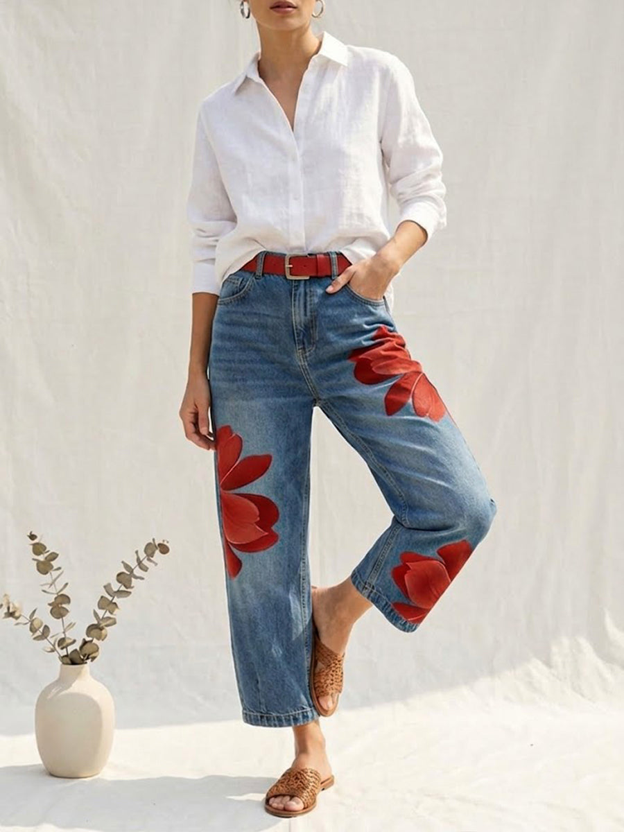 Jean femme jambe large a fleurs - Original et decontracte