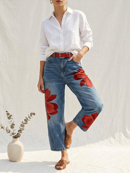 Jean femme jambe large a fleurs - Original et decontracte