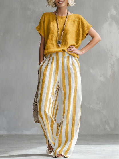 Ensemble femme rayé en coton et lin – Coupe ample décontractée