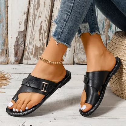 Sandales Plates en Cuir Femme – Chaussons Élégants à Boucle Confortable