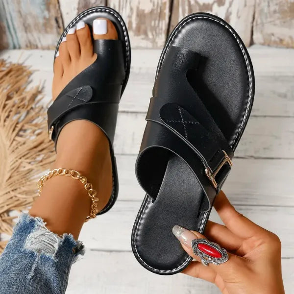 Sandales Plates en Cuir Femme – Chaussons Élégants à Boucle Confortable