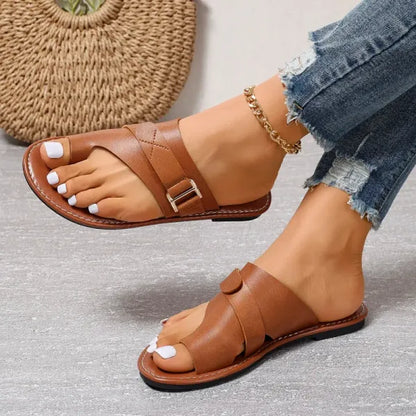 Sandales Plates en Cuir Femme – Chaussons Élégants à Boucle Confortable