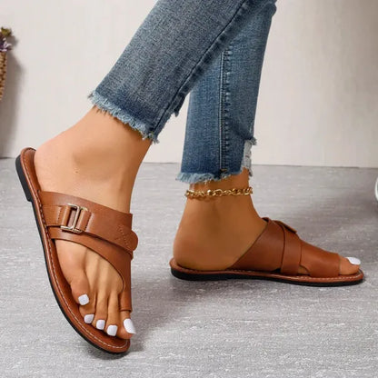 Sandales Plates en Cuir Femme – Chaussons Élégants à Boucle Confortable