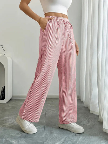 Pantalon Femme à Jambe Large Rayé – Taille Haute et Confortable