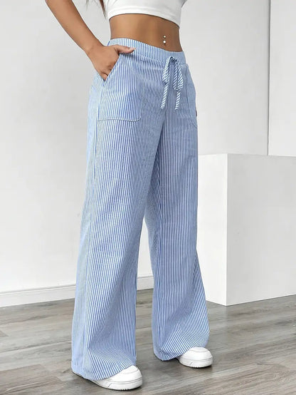 Pantalon Femme à Jambe Large Rayé – Taille Haute et Confortable