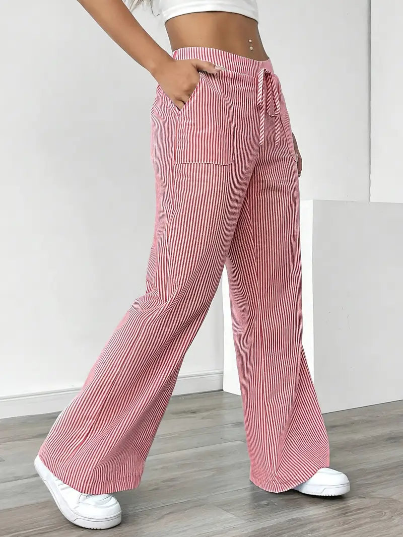 Pantalon Femme à Jambe Large Rayé – Taille Haute et Confortable