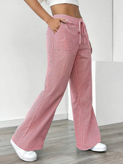Pantalon Femme à Jambe Large Rayé – Taille Haute et Confortable