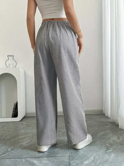Pantalon Femme à Jambe Large Rayé – Taille Haute et Confortable