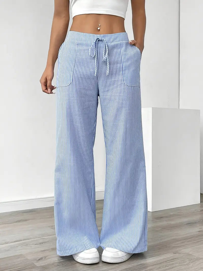 Pantalon Femme à Jambe Large Rayé – Taille Haute et Confortable
