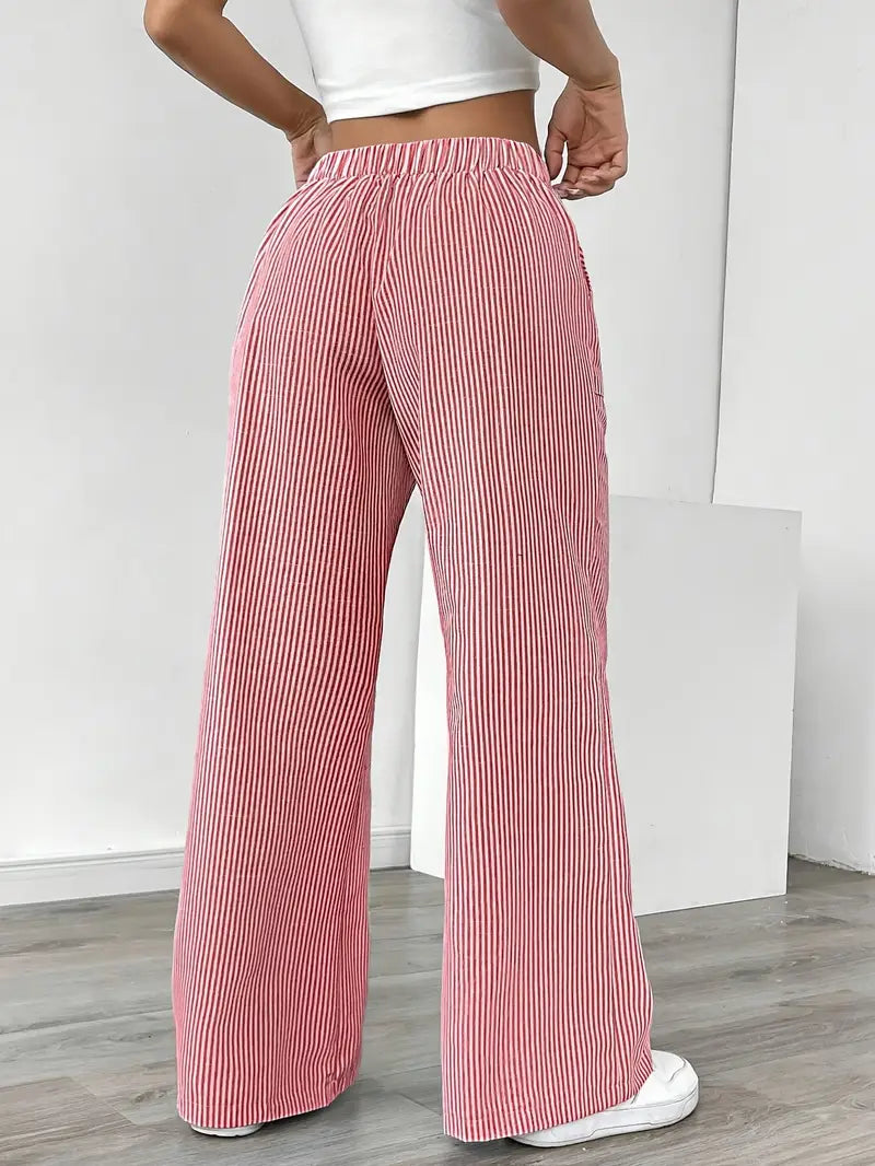 Pantalon Femme à Jambe Large Rayé – Taille Haute et Confortable