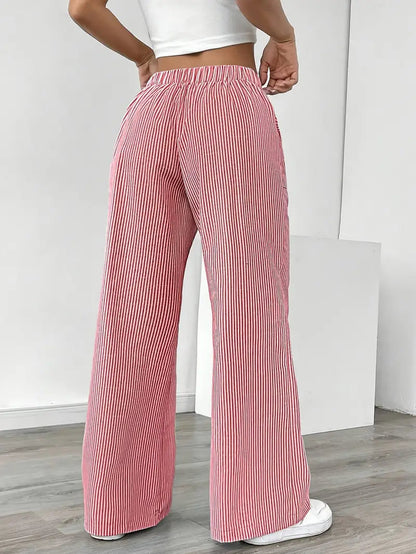 Pantalon Femme à Jambe Large Rayé – Taille Haute et Confortable