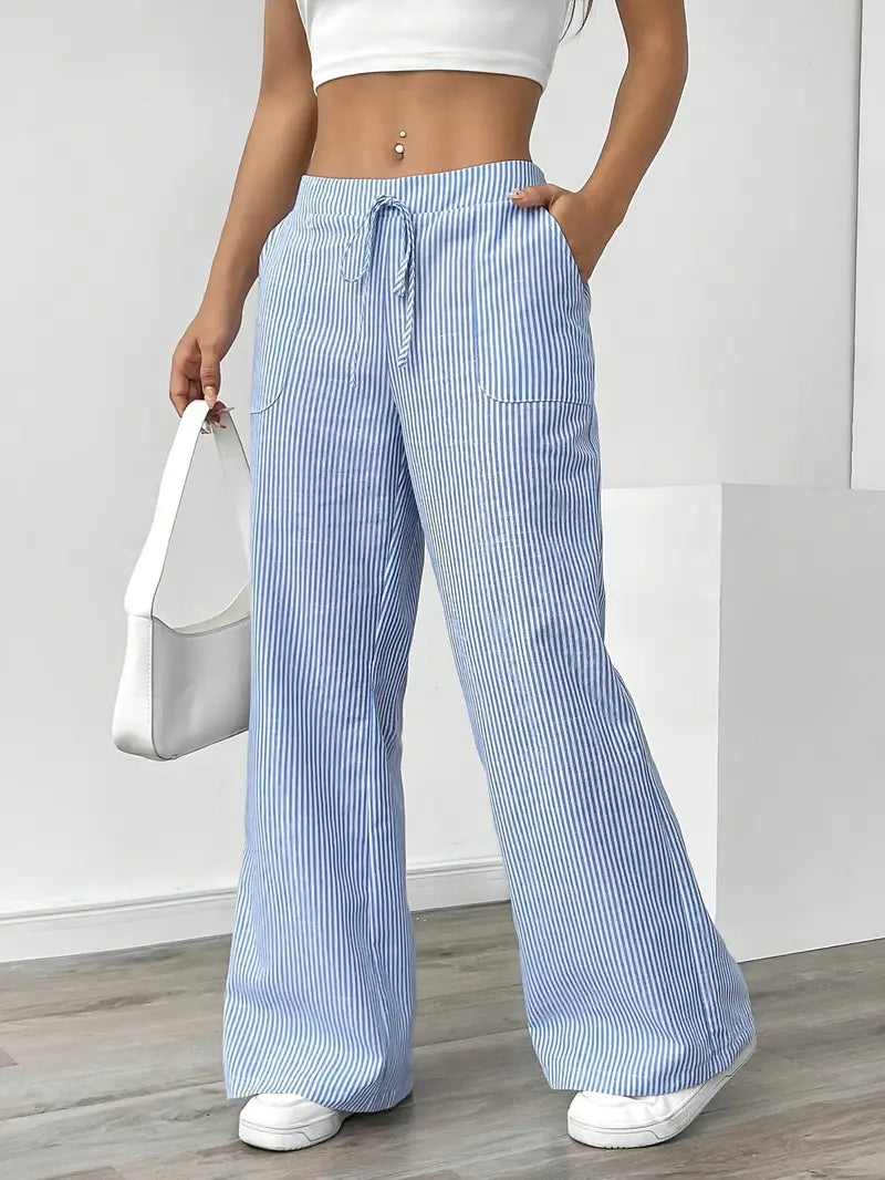 Pantalon Femme à Jambe Large Rayé – Taille Haute et Confortable