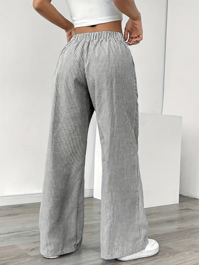 Pantalon Femme à Jambe Large Rayé – Taille Haute et Confortable
