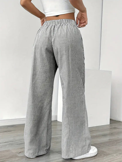 Pantalon Femme à Jambe Large Rayé – Taille Haute et Confortable