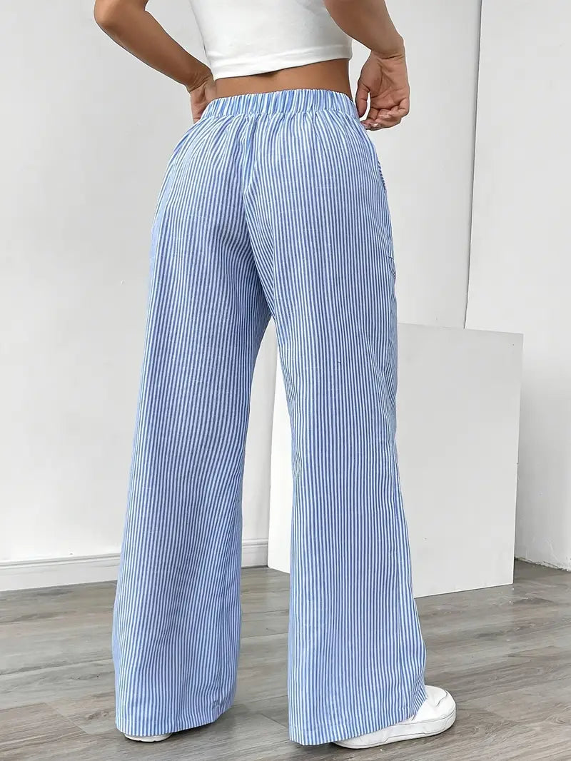 Pantalon Femme à Jambe Large Rayé – Taille Haute et Confortable
