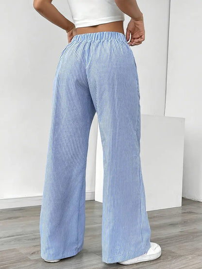 Pantalon Femme à Jambe Large Rayé – Taille Haute et Confortable