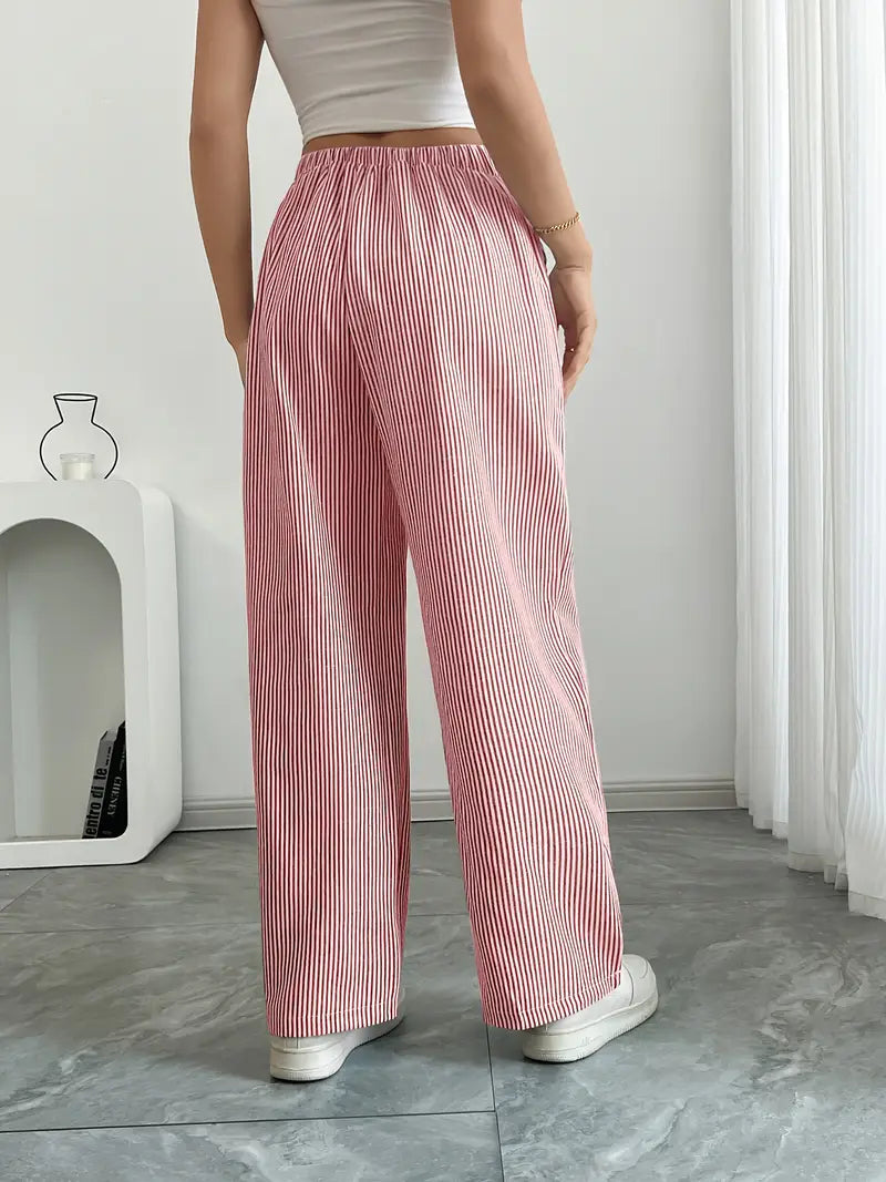 Pantalon Femme à Jambe Large Rayé – Taille Haute et Confortable