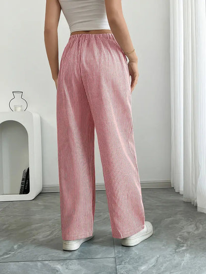 Pantalon Femme à Jambe Large Rayé – Taille Haute et Confortable