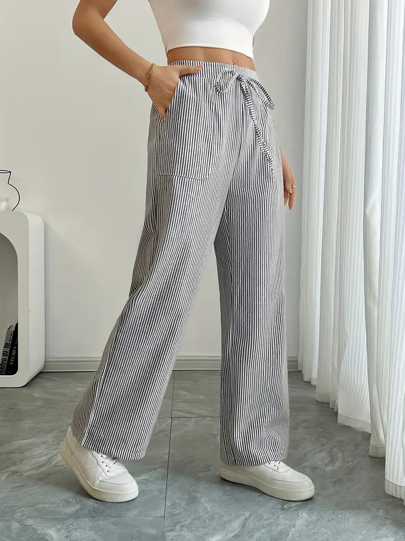 Pantalon Femme à Jambe Large Rayé – Taille Haute et Confortable