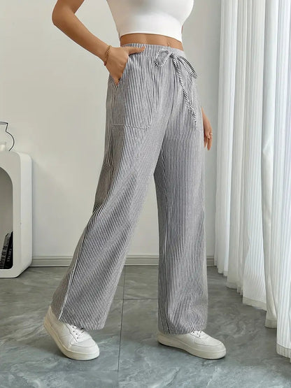 Pantalon Femme à Jambe Large Rayé – Taille Haute et Confortable