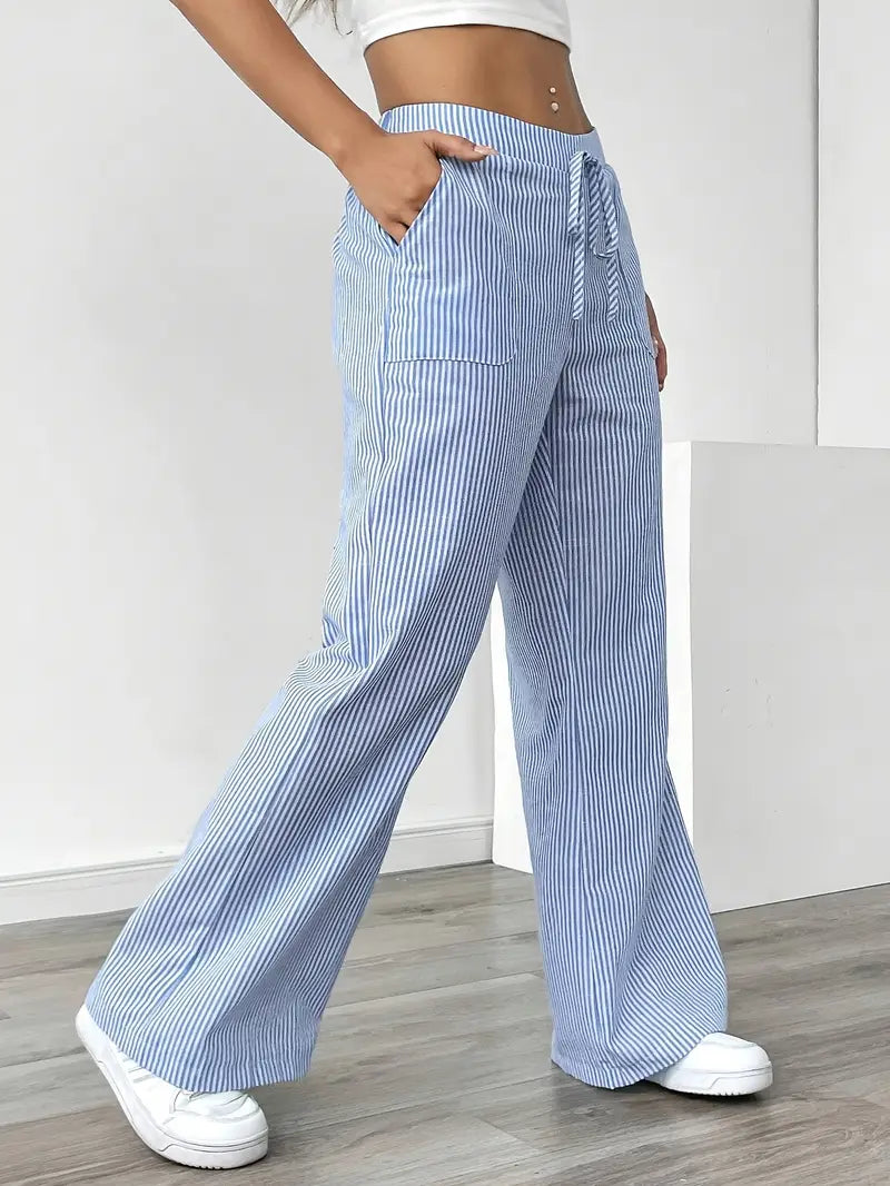 Pantalon Femme à Jambe Large Rayé – Taille Haute et Confortable