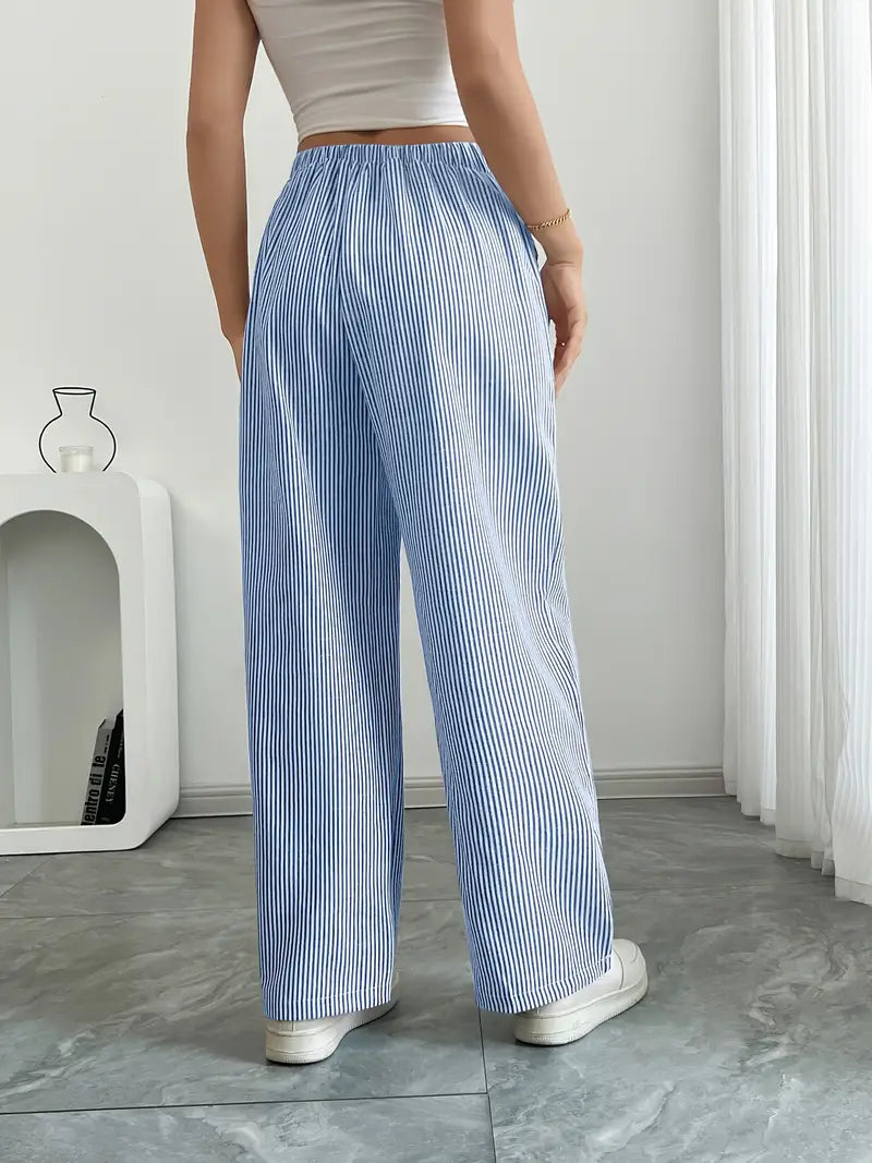 Pantalon Femme à Jambe Large Rayé – Taille Haute et Confortable
