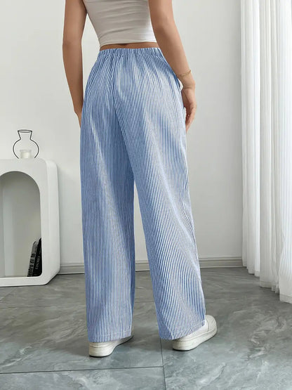 Pantalon Femme à Jambe Large Rayé – Taille Haute et Confortable