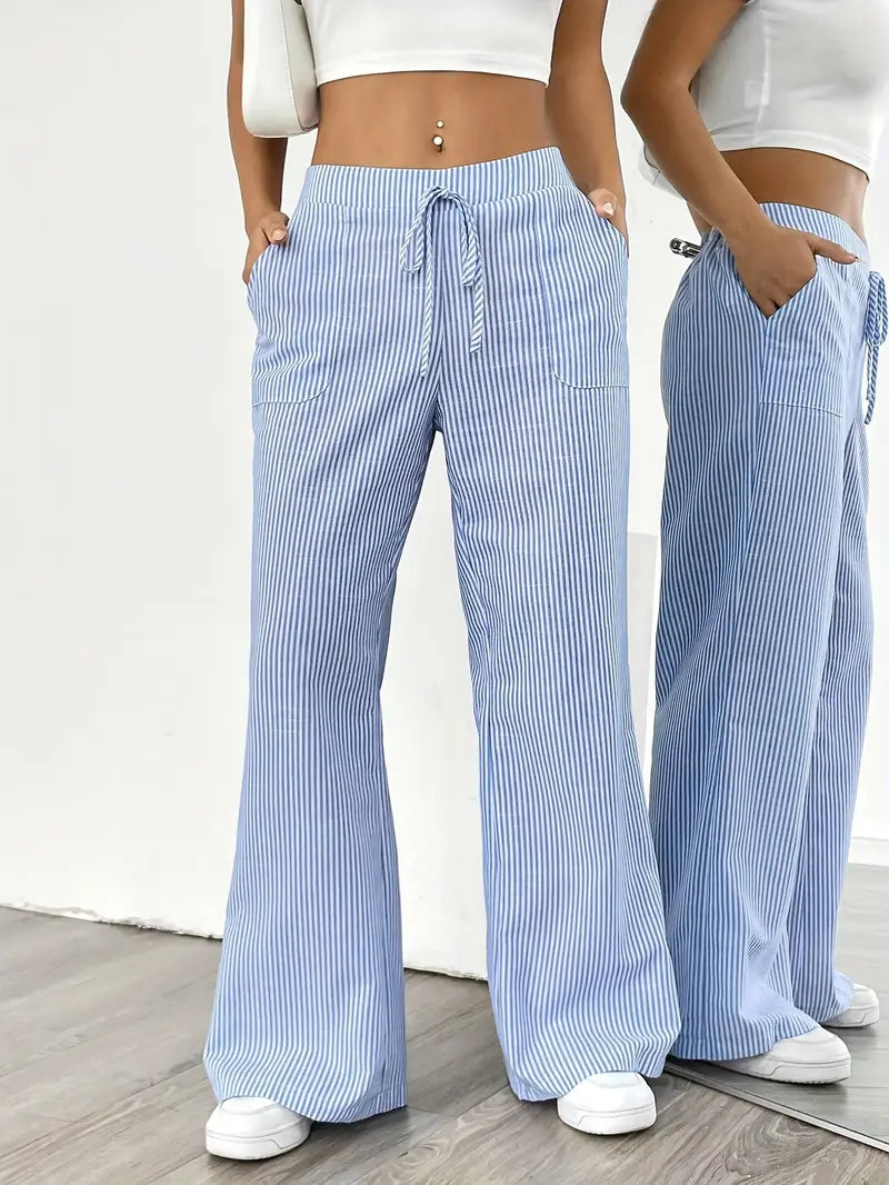 Pantalon Femme à Jambe Large Rayé – Taille Haute et Confortable