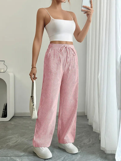 Pantalon Femme à Jambe Large Rayé – Taille Haute et Confortable