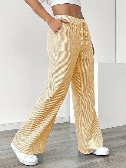 Pantalon Femme à Jambe Large Rayé – Taille Haute et Confortable