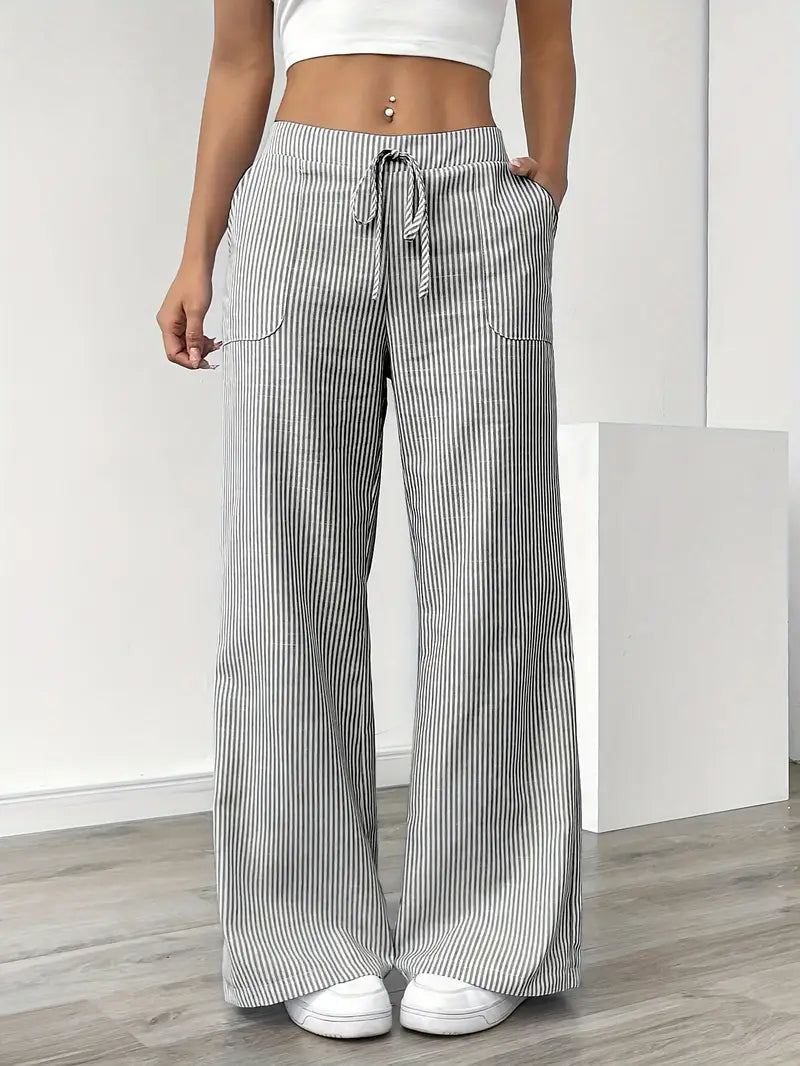 Pantalon Femme à Jambe Large Rayé – Taille Haute et Confortable