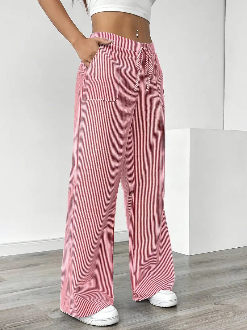 Pantalon Femme à Jambe Large Rayé – Taille Haute et Confortable