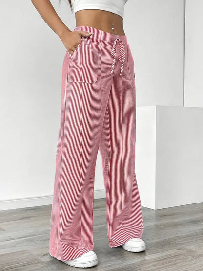 Pantalon Femme à Jambe Large Rayé – Taille Haute et Confortable
