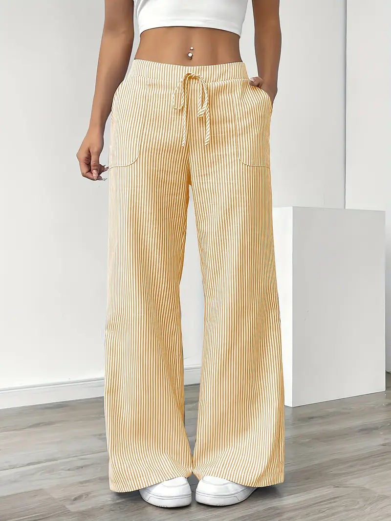 Pantalon Femme à Jambe Large Rayé – Taille Haute et Confortable