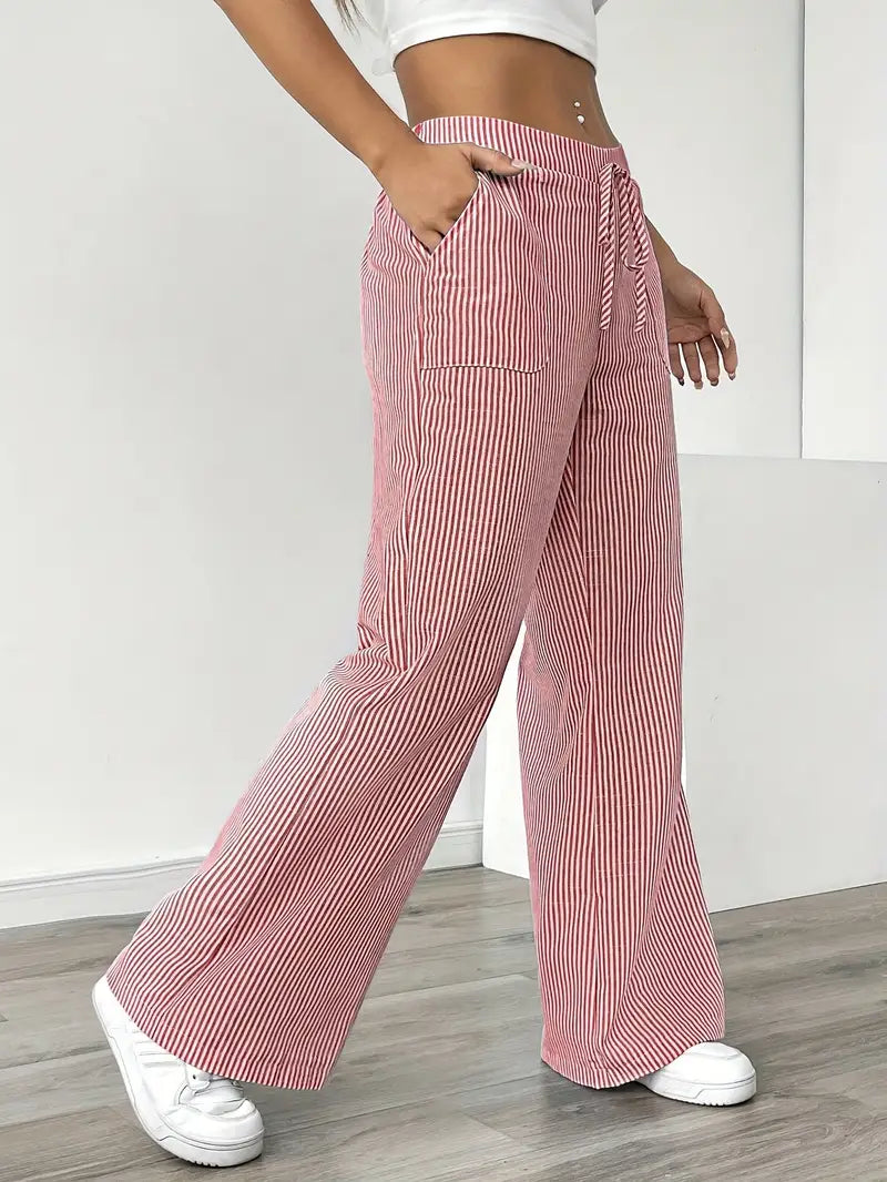 Pantalon Femme à Jambe Large Rayé – Taille Haute et Confortable