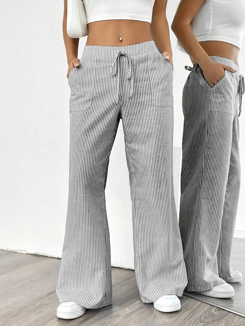 Pantalon Femme à Jambe Large Rayé – Taille Haute et Confortable