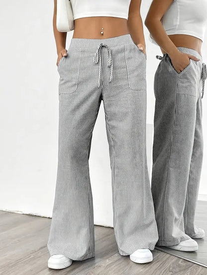 Pantalon Femme à Jambe Large Rayé – Taille Haute et Confortable