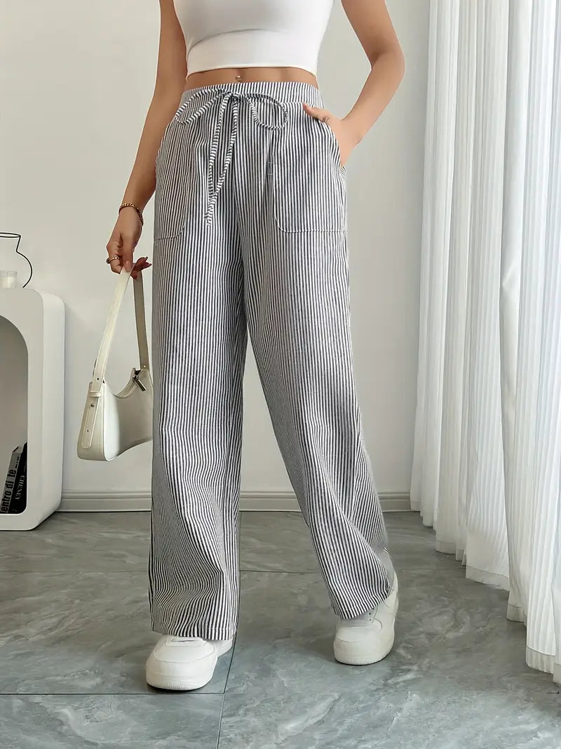 Pantalon Femme à Jambe Large Rayé – Taille Haute et Confortable