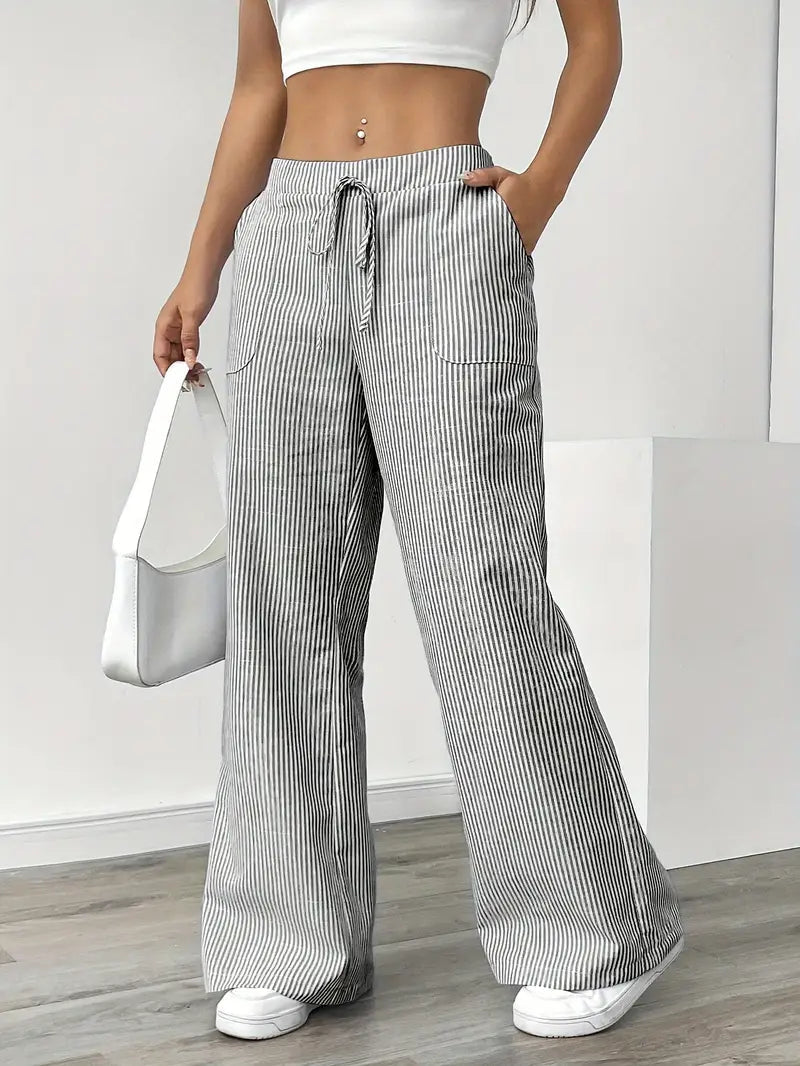 Pantalon Femme à Jambe Large Rayé – Taille Haute et Confortable