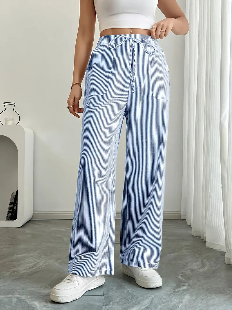 Pantalon Femme à Jambe Large Rayé – Taille Haute et Confortable