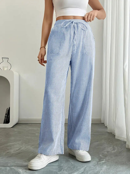 Pantalon Femme à Jambe Large Rayé – Taille Haute et Confortable