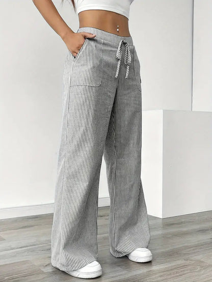 Pantalon Femme à Jambe Large Rayé – Taille Haute et Confortable