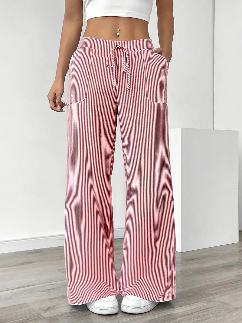 Pantalon Femme à Jambe Large Rayé – Taille Haute et Confortable
