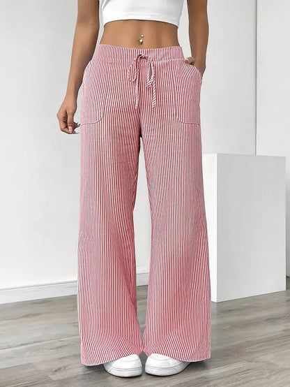 Pantalon Femme à Jambe Large Rayé – Taille Haute et Confortable