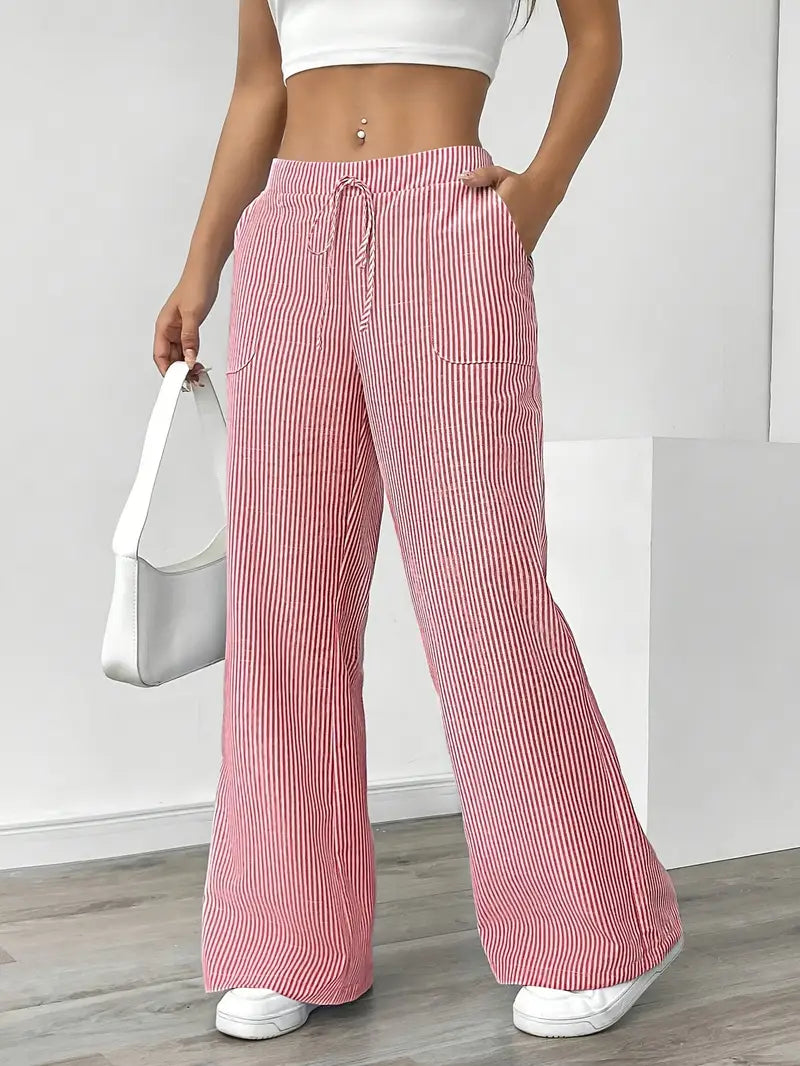 Pantalon Femme à Jambe Large Rayé – Taille Haute et Confortable