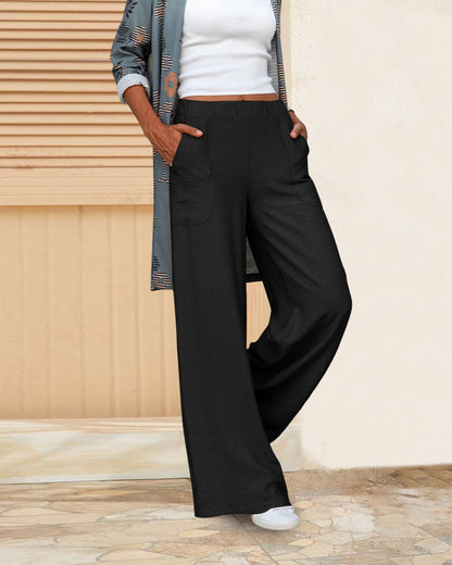 Pantalon Décontracté Taille Haute Femme – Pantalon Large avec Ceinture Élastique et Poches
