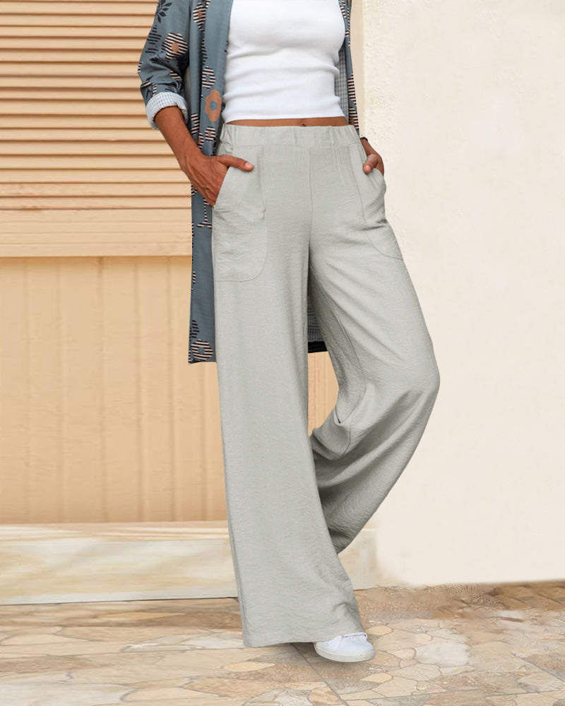 Pantalon Décontracté Taille Haute Femme – Pantalon Large avec Ceinture Élastique et Poches