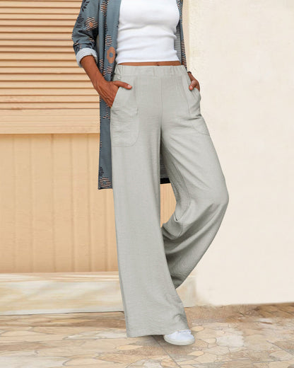 Pantalon Décontracté Taille Haute Femme – Pantalon Large avec Ceinture Élastique et Poches