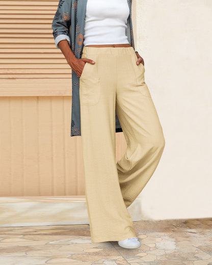 Pantalon Décontracté Taille Haute Femme – Pantalon Large avec Ceinture Élastique et Poches